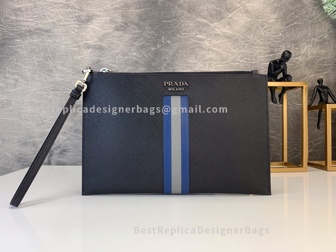 Prada Saffiano Leather Black And Blue Bandoleer Bag SHW 005